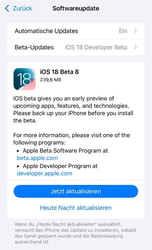 钟山苹果手机维修分享苹果 iOS / iPadOS 18 开发者预览版 Beta 8 发布 